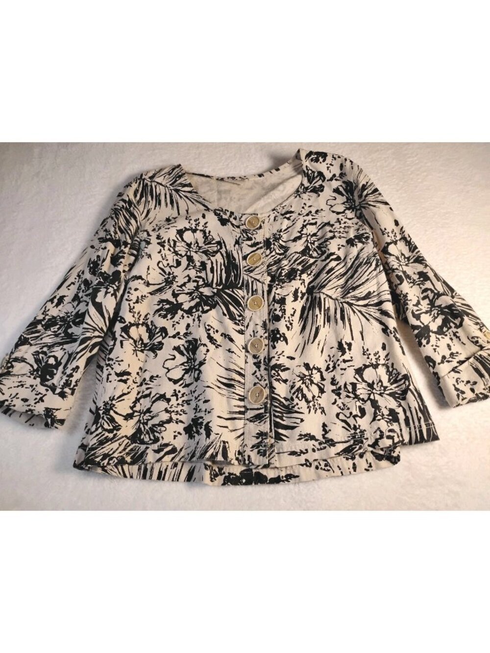 Erika Petite Pintucked Blouse Cropped Tropical Pullover Casual Roll Tab Size LP